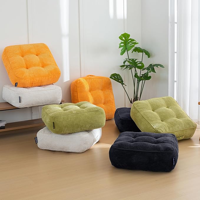 HIGOGOGO 8" Extra Thick Floor Pillow Cushion for Adults, Meditation Cushion Pillow, Large Square Floor Sitting, Tufted Corduroy Cover, for Tatami Living Room or Yoga, 22x22 Inch, 2Pack, Black