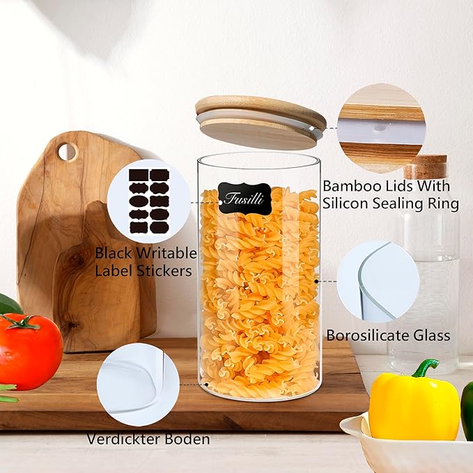 VIEWELLD 1.5 Qt Round Glass Storage Containers with Lids, Clear Food Storage Container Jar with Sealing Bamboo Lid for Noodles Flour Cereal Rice Sugar Tea Coffee Beans, Round Set of 3