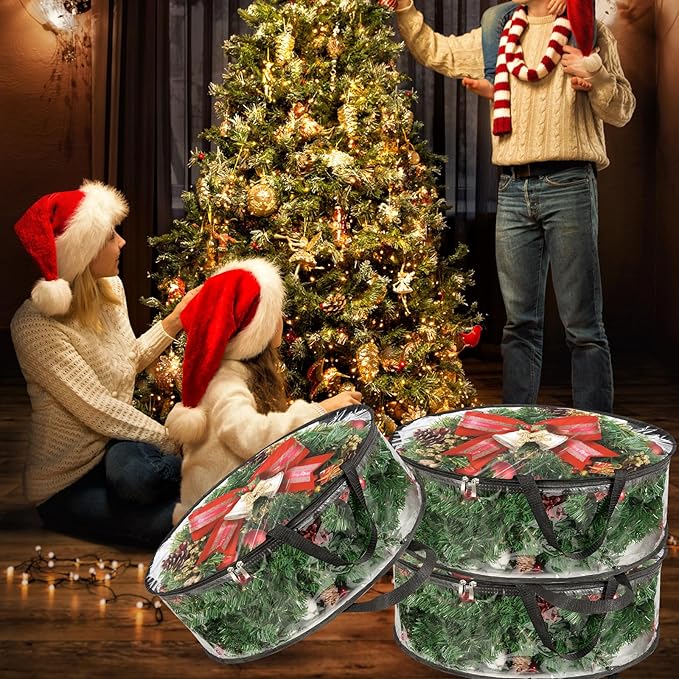 MUXHEL 5 Pcs Christmas Wreath Storage Bags, 24" Dia Round Wreath Storage Containers, Clear, Tear Resistant, Black