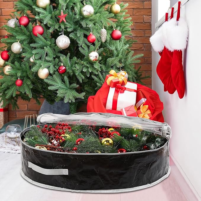 Aliceset 4 Pack Wreath Storage Containers, Ornament Garland Wreath Storage Bags with Handle Zipper Decorative Storages Box for Winter Valentine Wreaths(30 x 30 x 7.8 Inch,Black)