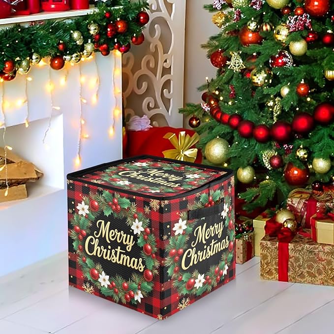Christmas Tree Jingle Bells Ornament Storage Basket Box Xmas Wreath Winter Holiday Storage Container Cube with Adjustable Dividers for 64 Holiday Ornaments or Decorations Keeps Clean and Dry