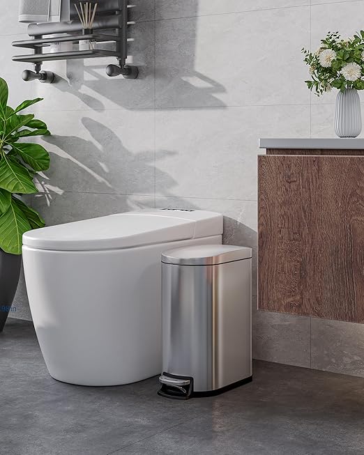 Garvee 1.6 gal / 6 L Stainless Steel Bathroom Trash Can with Lid, Slim Waterproof Garbage Can for Bedroom, Small Step-on Metal Trash Bin with Inner Bucket, Rear Handle, Soft Close Lid, Silver