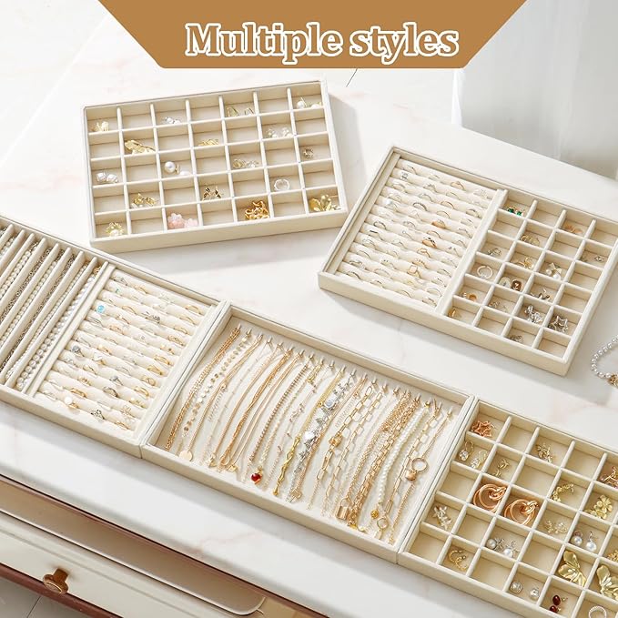Large Velvet Jewelry Tray 2 Pack Stackable Jewelry Display Drawer Inserts Trays Organizer for Earring Bracelet Necklace Ring (Beige, 40 Grids)