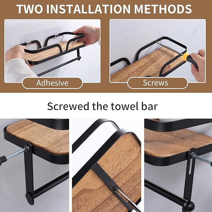 ZUNTO Paper Towel Holder with Shelf for Kitchen, Wall Mounted, Self-Adhesive or Drilling, Black Paper Towel Bar for Paper Roll or Towel Hanging, Storage Shelf Rack with Natural Wooden Board