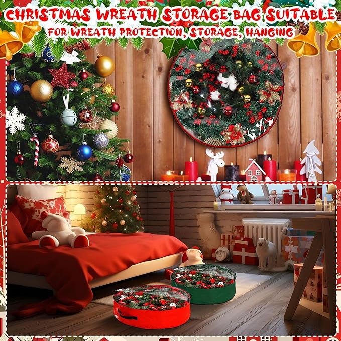 Aliceset 4 Pack Wreath Storage Containers, Ornament Garland Wreath Storage Bags with Handle Zipper Decorative Storages Box for Winter Valentine Wreaths(24 x 24 x 7.8 Inch,Red, Green)