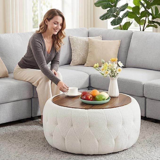 Large Round Storage Ottoman Coffee Table with Wooden Tabletop, 30.5 Inches Teddy Fleece Tufted Ottoman for Living Room, Bedroom, Apartments (White)