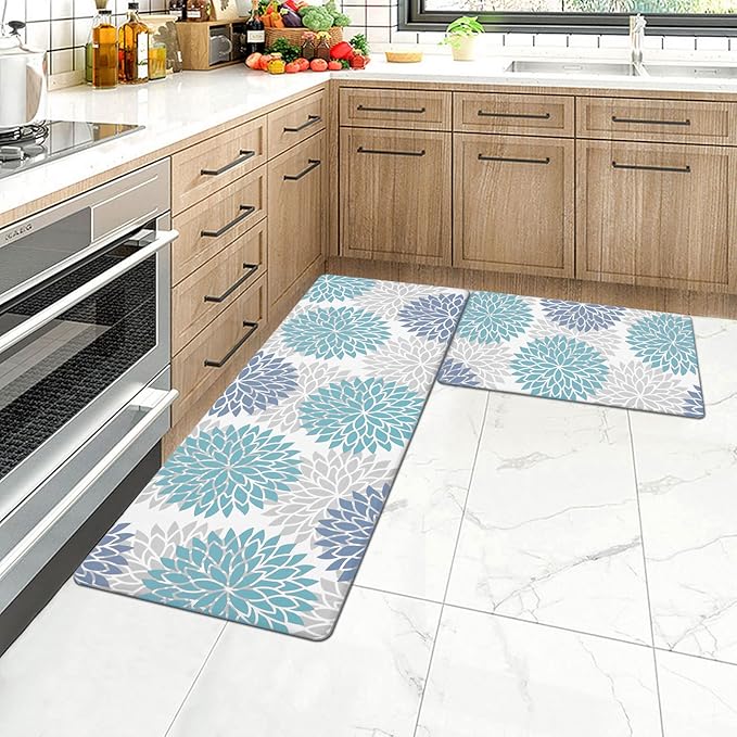 HEBE Anti Fatigue Kitchen Rugs Sets of 2, Non Slip Kitchen Mats for Floor, Waterproof Cushioned Comfort Standing Carpet for Kitchen Sink, Home Office, Laundry Room, Teal
