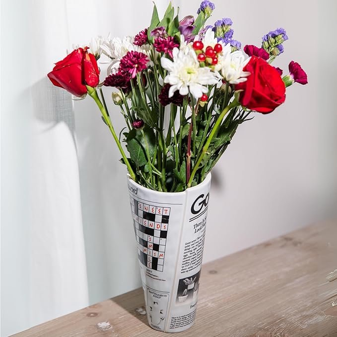 ban.do Vintage Inspired Newspaper Vase, Retro Ceramic Shelf Decor, Unique/Novelty/Eclectic Flower Vase, Newspaper
