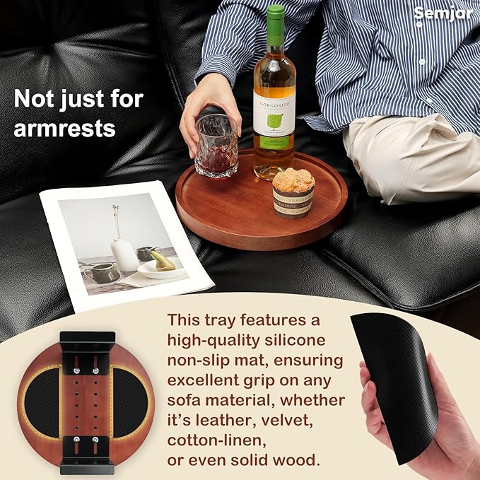 2 Pack Sofa Arm Tray,11.8“ Adjustable Natural Wood Couch Arm Trays Tables with Phone Holder,More Anti-Slip Clip On Chair Table Tray,Round Couch Armrest Cup Holder for Drinks Snack Eating