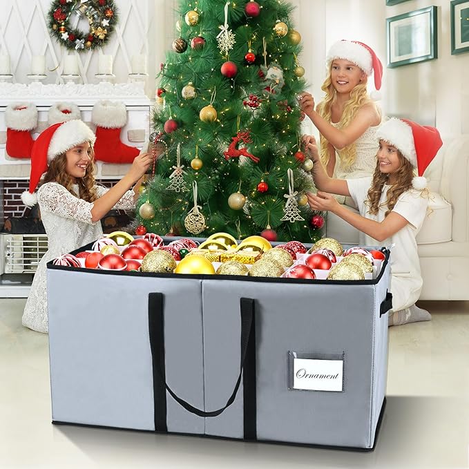 Christmas Ornament Storage Box, Mrrihand Xmas Decoration Organizer with Adjustable Dividers - Storage Container Keeps 128 Holiday Ornaments 3-Inch, Dual Zipper Closure, 600D Tear-Proof Material (Gray)