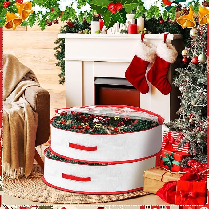 Aliceset 4 Pack Wreath Storage Containers, Ornament Garland Wreath Storage Bags with Handle Zipper Decorative Storages Box for Winter Valentine Wreaths(36 x 36 x 7.8 Inch,White)