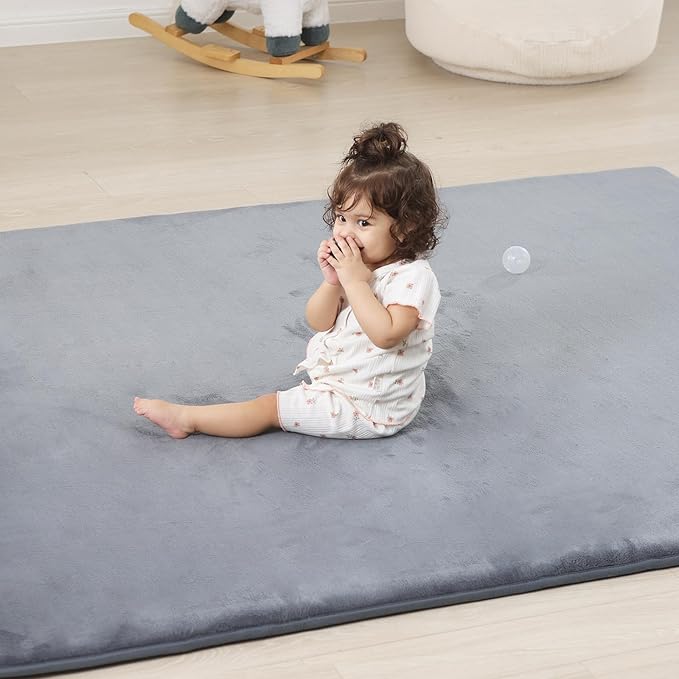 1.3" Thick Baby Floor Play Mat 50x74, Basic Padded Foam Mat for Tummy Time Crawling, Non Slip Cushioned for Babies Toddlers Infants Kids (Light Grey)