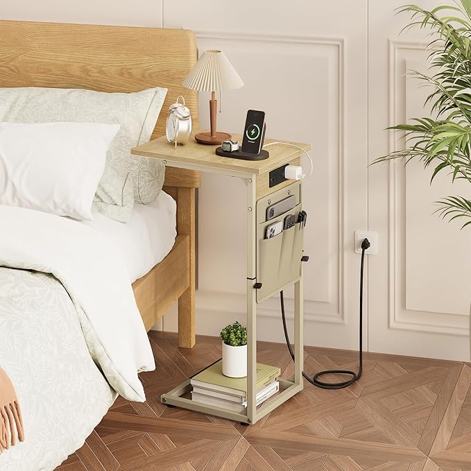 Vagusicc C Shaped End Table with Charging Station, Adjustable Height C Table End Table, Small Side Table for Couch, Couch Table Slide Under Sofa Table TV Tray Arm Table for Living Room,Bedroom,Natural