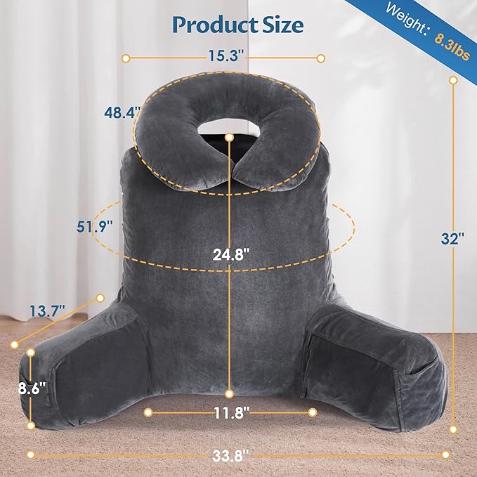 Rengue 31" Ergonomic Bed Rest Pillow, Grey Large Reading Pillow with Detachable Neck Roll Soft PP Cotton Backrest with Arms Pockets for Bed Couch Reading Watching TV