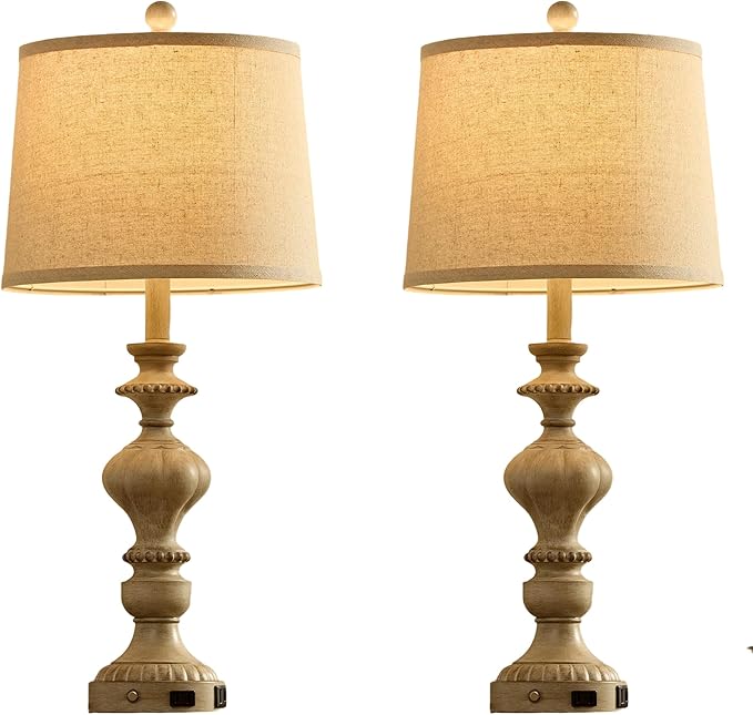 SAIWEYA 27.5" Farmhouse Table Lamps Set of 2 Bedside Nightstand Lamp with USB C+A Ports & AC Outlet, 3 Way Dimmable Touch Lamps for Bedroom Living Room Office Rustic Lamp