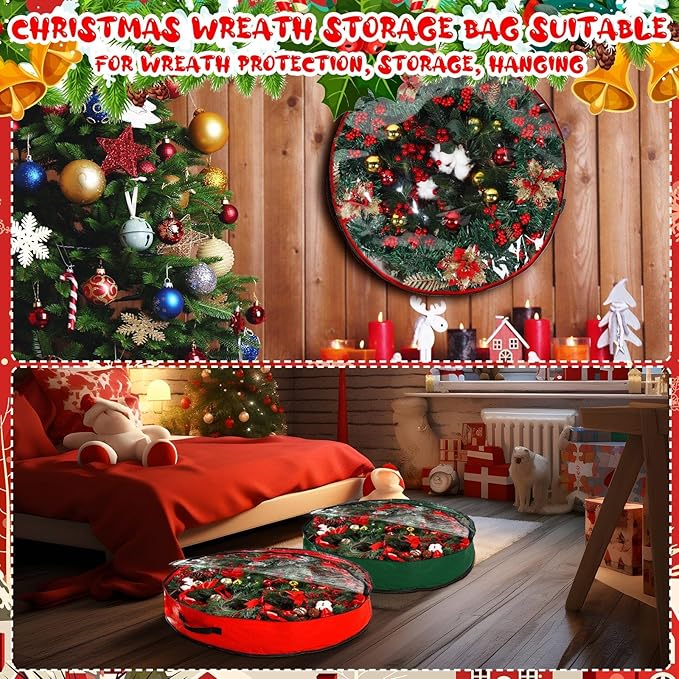 Aliceset 4 Pack Wreath Storage Containers, Ornament Garland Wreath Storage Bags with Handle Zipper Decorative Storages Box for Winter Valentine Wreaths(36 x 36 x 7.8 Inch,Red, Green)