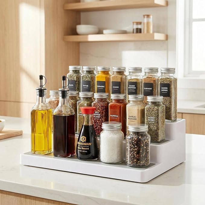 YAN & HIN 3 Tier Spice Rack Organizer for Cabinet, Non-Slip Spice Organizer Shelf for Kitchen Countertop & Pantry, Holds 24+ Jars, Plastic Seasoning Organizer (3 Pack)