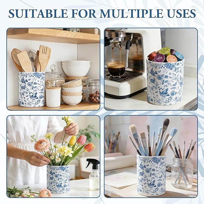 Whaline Blue Floral Ceramic Utensil Holder Vintage Chinoiserie Flower Bird Utensil Crock for Home Kitchen Countertop Storage Organizer Container