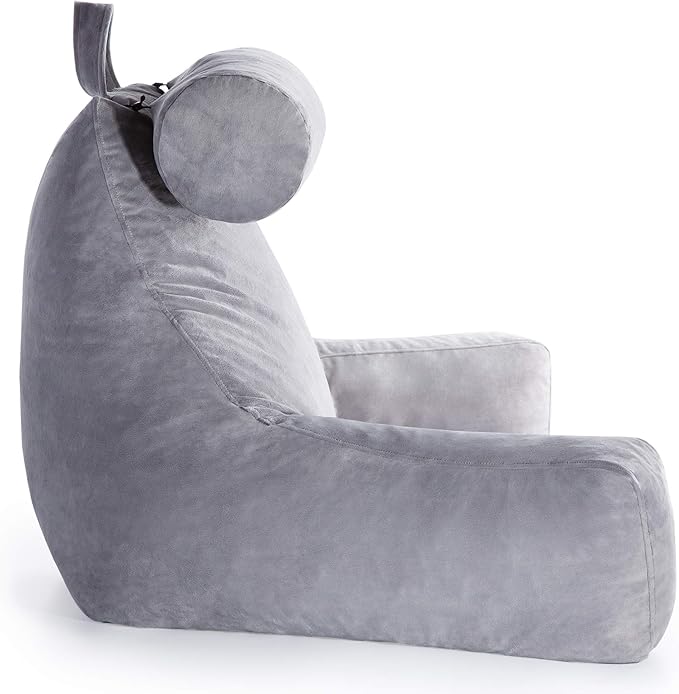 Linenspa Reading Pillow with Shredded Memory Foam- X-Large Size with Neck Support - Back Pillow for Sitting in Bed, Reading, Gaming, Watching TV – Bed Chair with Arms, Dorm Room Essentials, Stone