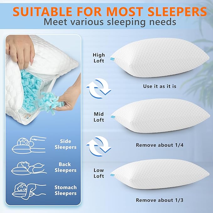 UYWO Cooling Memory Foam Pillows Firm and Soft, Queen Size 1 Pack, Original Adjustable Pillows for Side, Back or Stomach Sleepers with Removable Washable Cover