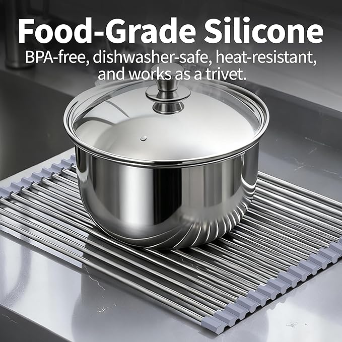 Roll Up Dish Drying Rack for Over Sink -17.5"x11.8" Foldable Stainless Steel Kitchen Drainer,Gray