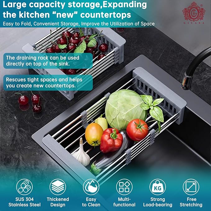 Sink Dish Drying Rack, Stainless Steel Drainer for 12.5"-20.5" Sinks, Kitchen Countertop Organizer for Dishes, Vegetables, and Fruits (Grey & Large Size)