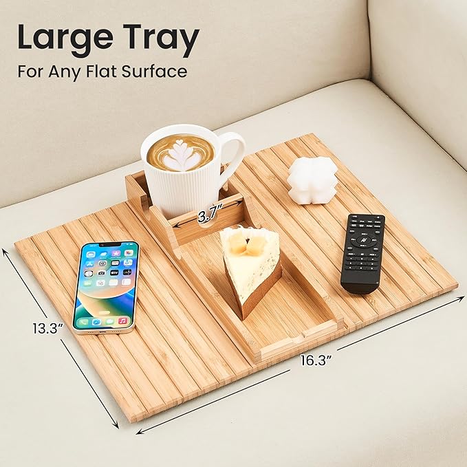GEHE Couch Cup Holder, Anti Falling Sofa Arm Tray, Natural Bamboo Sofa Cup Holder More Safe for You Family, Portable Couch Arm Tray Armrest Table for Remote, Snacks, Phone, Drinks