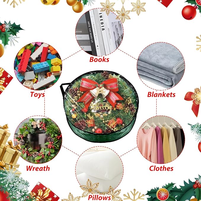 6 Pack Wreath Storage Container, 30 Inch Wreath Storage Bags, Clear Christmas Wreath Storage Container with Sturdy Handles for Holiday Seasonal Decoration, Green