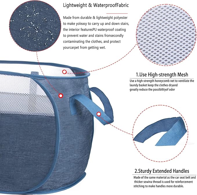 MOOMASS Pop-Up Laundry Basket,collapsible Mesh Laundry Hamper– With Extended Shoulder Straps, Sturdy Handles, and Premium Cationic Fabric (blue)…