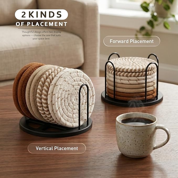 Lazebox Coasters Set of 8 for Drinks, Beer, Coffee, Cotton Woven 4 Colors Absorbent Coaster with Holder, Boho Coasters for Home Decor Tabletop Protection Suitable for Kinds of Cups, Coffee