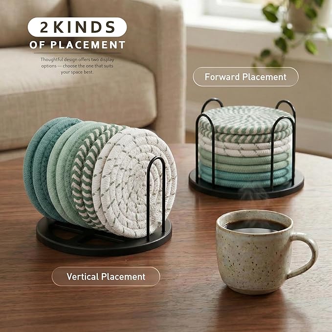 Lazebox Coasters Set of 8 for Drinks, Beer, Coffee, Cotton Woven 4 Colors Absorbent Coaster with Holder, Boho Coasters for Home Decor Tabletop Protection Suitable for Kinds of Cups