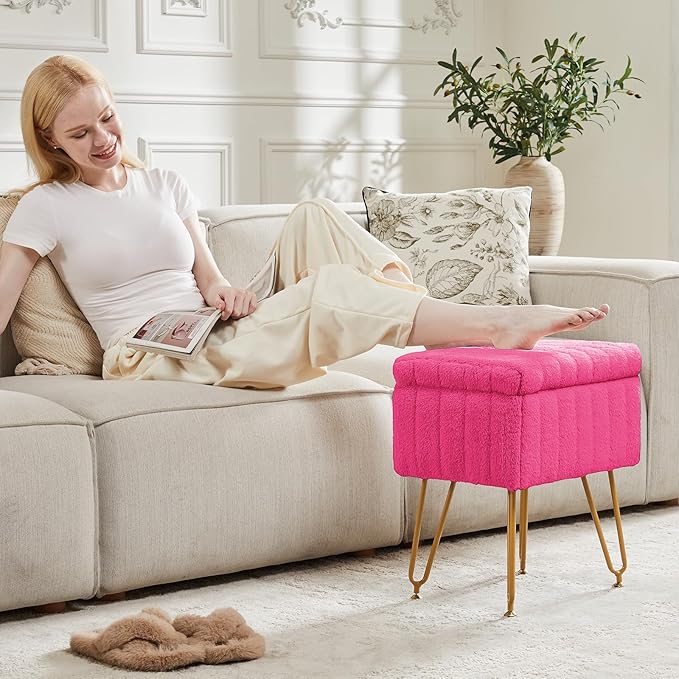 DUMOS Vanity Stool Chair, Ottoman with Storage, Makeup Cute Soft Small Footstool, Modern Style Faux Fur Seat with 4 Metal Legs & Adjustable Feet for Dressing, Living Room, Bedroom, Dorm, Red