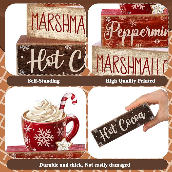 Moucuny 4 Pcs Christmas Table Decor Wooden Hot Cocoa Decoration Christmas Centerpiece Winter Tiered Tray Decor Decorative Red Hot Cocoa Block Signs Farmhouse Xmas Decoration for Home