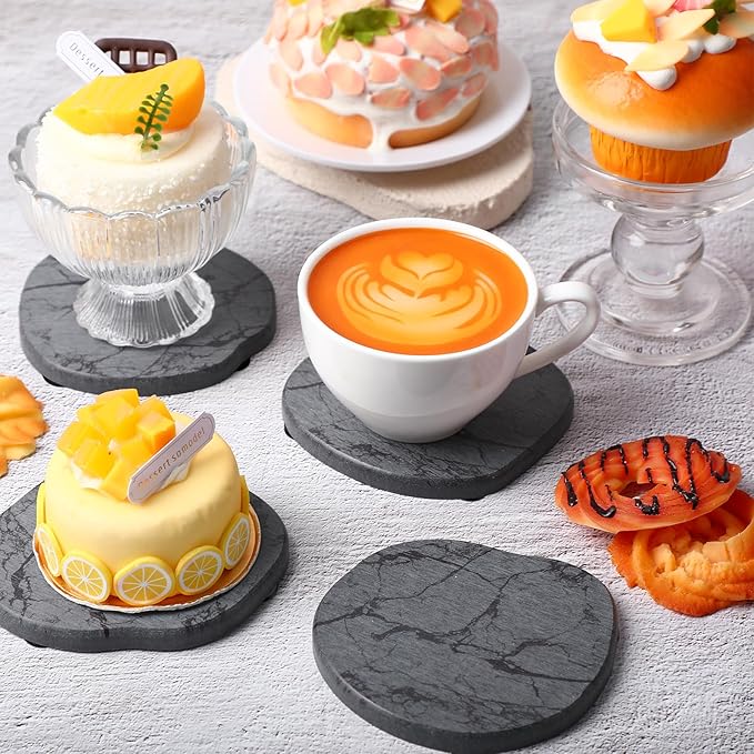 Diatomaceous Earth Coasters Set of 4,Cool Absorbent Quick-Dry Drink Coasters for Desks, Cute Modern Stone Design with Stylish White Aesthetic (4, Marble Grey)