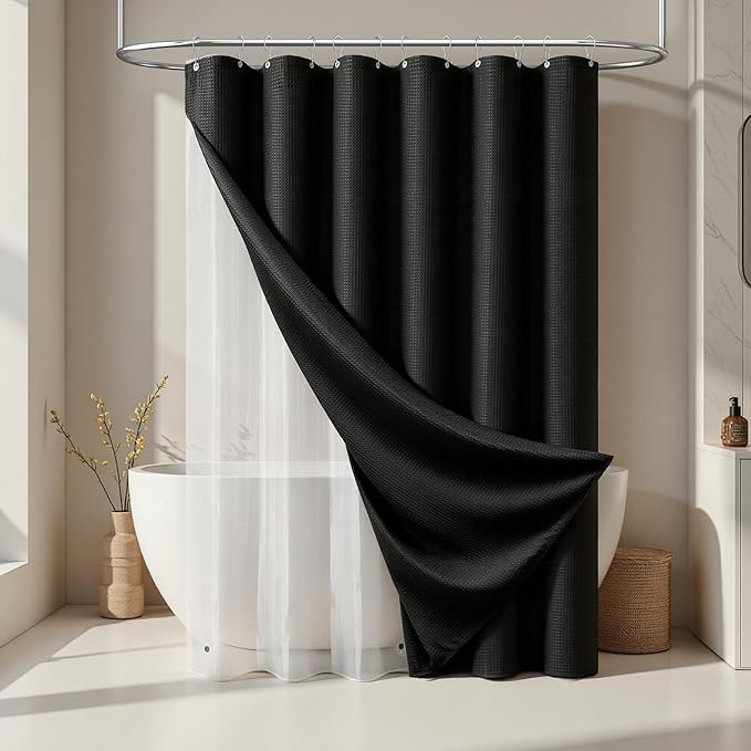 Dynamene Black Shower Curtain and Liner Set, Waffle Weave Fabric, Waterproof Clear Liner, 256GSM Heavy Duty Weighted Hotel Luxury Cloth Shower Curtains for Bathroom with 12 Plastic Hooks, 72Wx72H