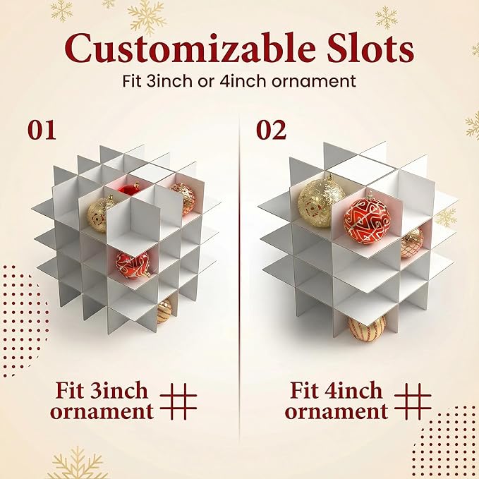 Plastic Christmas Ornament Storage Box with Zippered Closure - Store up to 64 of the 3-inch Standard Christmas Ornaments, Xmas Ornaments Storage with Dividers & Two Handles