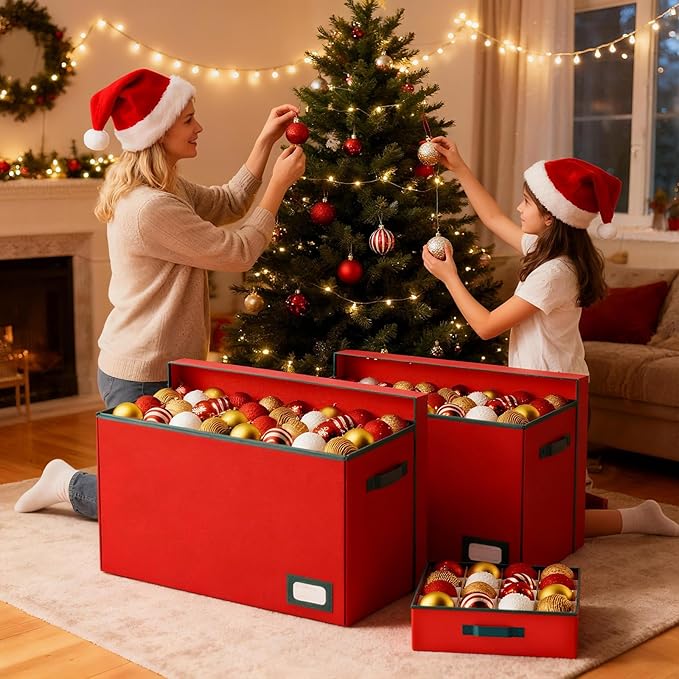 Christmas Ornament Storage Box-Hold 128 Ornaments, Xmas Ornament Organizer Storage box with Lid and Adjustable Dividers, Extra Large Holiday decorations Storage Container with Individual Trays, Red