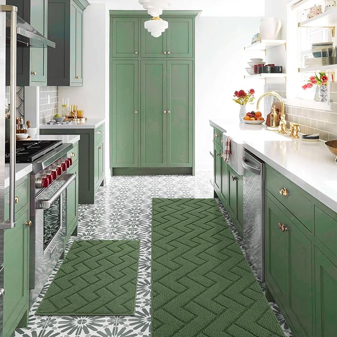 hicorfe Kitchen Rugs and Mats Sets,2 Pieces Super Absorbent Polypropylene Non-Slip Rug,Soft Comfort Floor Mat,Washable for Kitchen,Hallway,Office,Sink,Laundry(20" x 32"+20" x 59",Green)