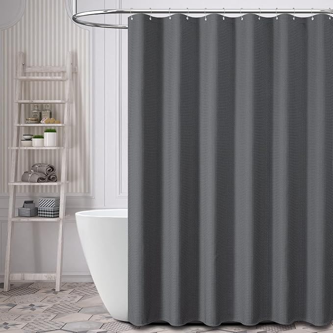 Dynamene Stall Fabric Shower Curtain, 48 inch Wide Waffle Weave Weighted Thick Cloth Shower Curtain for Bathroom, Neutral Heavy Duty Hotel Spa Luxury Bath Curtain Set, 8 Hooks, 48x72, Charcoal Grey