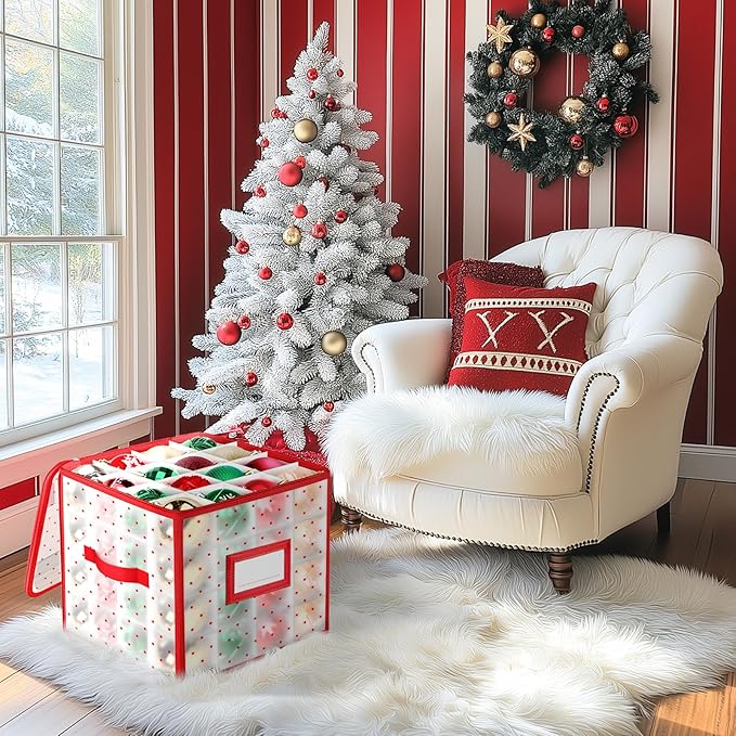 BlessedSeason Christmas Ornament Storage Box with Adjustable Dividers, Store up to 64 3-inch or 36 4-inch Christmas Ornaments, Plastic Xmas Storage with Zippered Closure & Two Handles
