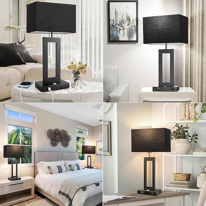 3 Color Temperatures Black Table Lamps for Bedrooms Set of 2, 22ββ Touch Control Bedside Nightstand Lamps with 2 USB Ports & AC Outlet, Modern Lamp Sets for Living Room, Stepless Dimming, Black Shade