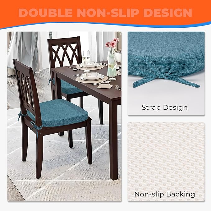 Sunsleek Chair Cushions for Dining Chairs, D-Shaped Seat Cushions with Removable Washable Cover and Ties, Chair Pads for Kitchen, Indoor Dining Room, Patio Chairs, 17'' x 16'', Set of 4, Blue