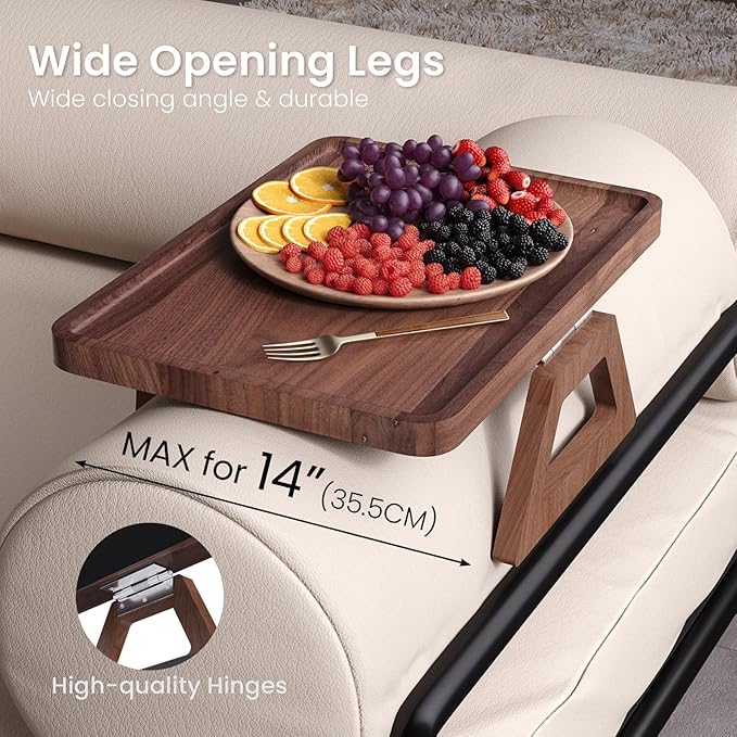 Walnut Wood Couch Arm Tray,Couch Trays,Folding Sofa Armrest Tray,Couch Arm Table Clip-On Couch Desk for Drinks, Snacks,Phone,Remote Control