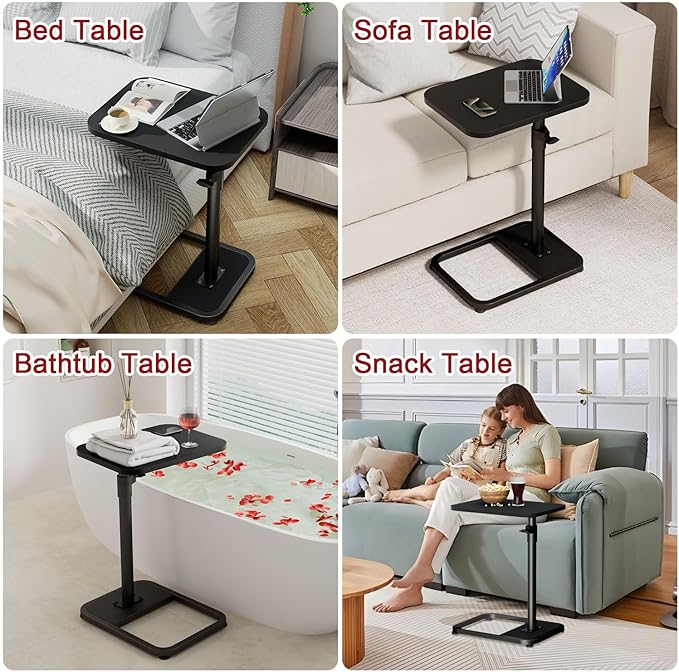 GOYLSER C Shaped Tv Trays Living Room End Table End Stand, Black Minimalist Wooden c Table for Sofa, Height Adjustable Tv Tray Tables Swivel Side Table for Dinner Eating