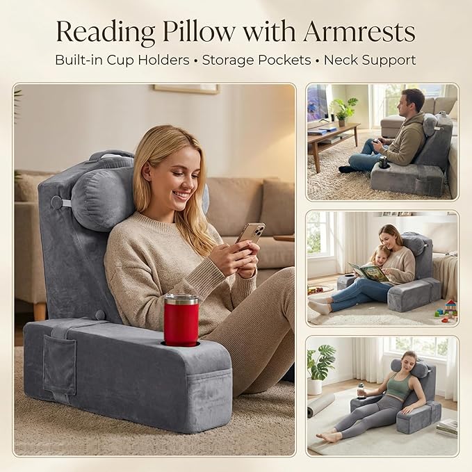 AS AWESLING 21 INCH Reading Pillow for Adults, Back Pillow for Bed Sitting Up, Backrest Pillow for Sitting in Bed, Detachable Arms with Built-in Cup & Phone Caddy (Gray, 21 INCH)