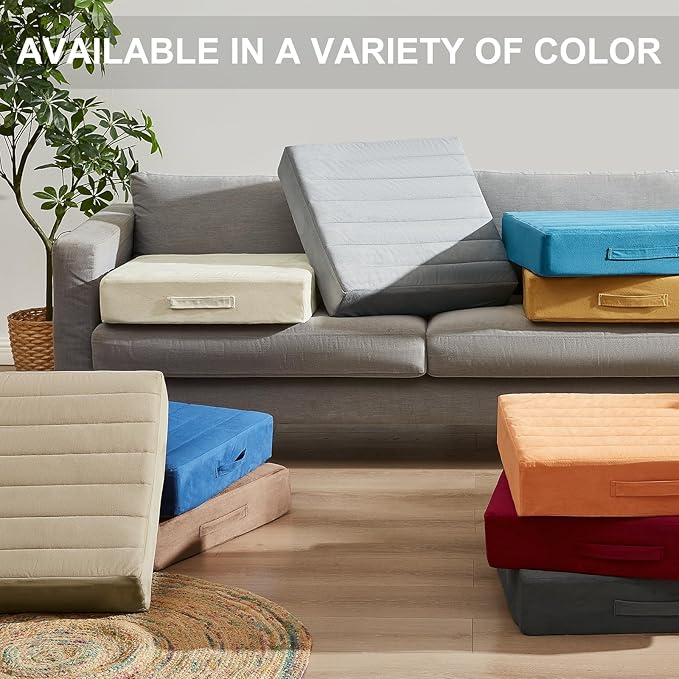 JKMAX 2 Pcs High Density Foam Floor Pillow - Upgraded Large Pillows Seating for Adults - Outdoor Floor Cushion with Soft Tufted Cover - Yoga Pillows for Sitting On Floor - 22 Inch Khaki