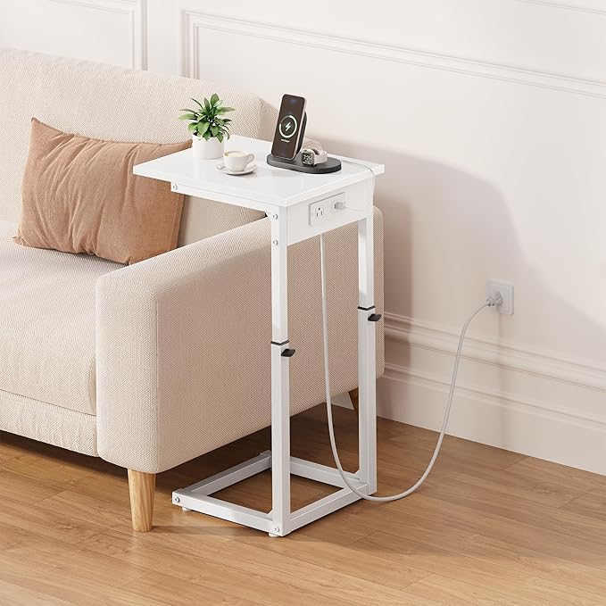 Vagusicc C Shaped End Table with Charging Station, C Table End Table Adjustable Height Sofa Table, Side Table for Couch, Couch Table That Slide Under, TV Tray Arm Table for Living Room,Bedroom, White
