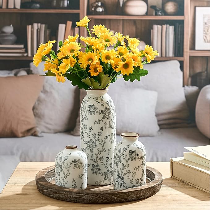 Ceramic Flower Decorative Antique Vase Set of 3, Vintage Rustic Chinoiserie Floral Vase for Home Decor, Living Room, Bookshelf, Office, Entryway, Garden, Chinoiserie Decor, Tuscan Decor- Gray
