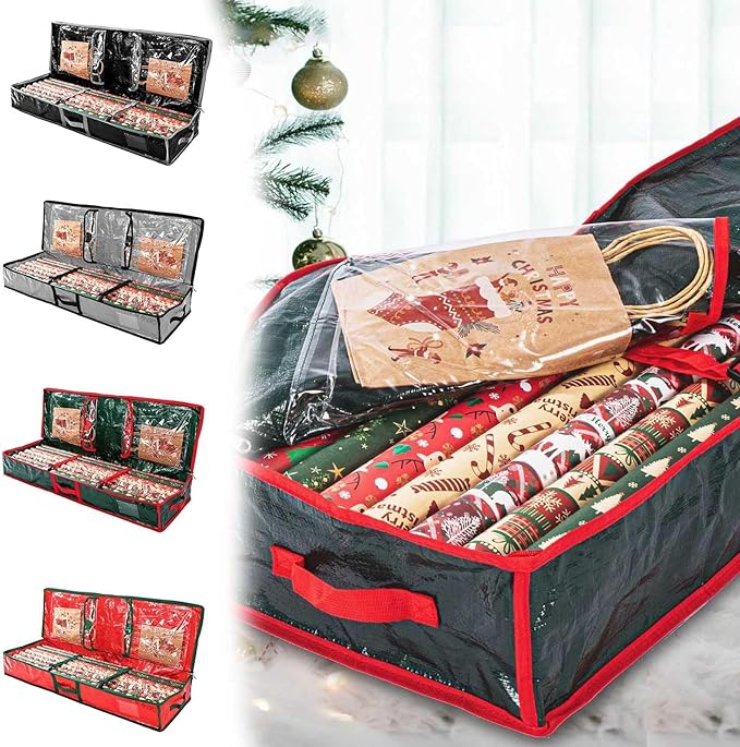 Wrapping Paper Organizer Storage Container,Christmas Storage Organizer,Xmas Gift Wrap Organizer With Pockets,Under Bed Storage Bag,Supplies Pockets for Xmas Accessories (Black)