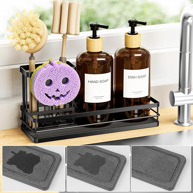 Moforoco Kitchen Dish Soap Dispenser Set, 16OZ Glass Bottle, Hand and Dish Soap Dispenser Set, Instant Dry Tray, Brush Holder with Smiley Face Sponge Holder (Black Tray &Amber Bottle&Labels)